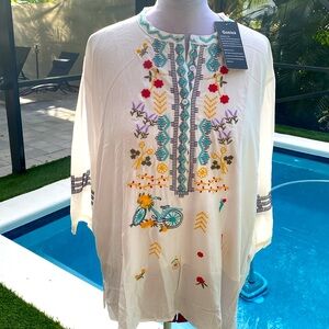NWT Gosiea Boho Embroidered Floral / Bicycle Tunic Blouse |Size 2XL